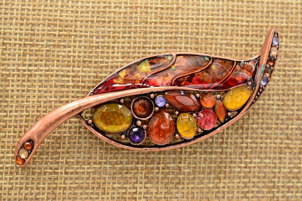 Liz Claiborne Vintage Leaf Pin Brooch Cabochon Red Enamel Fall LC Signed BinAJ